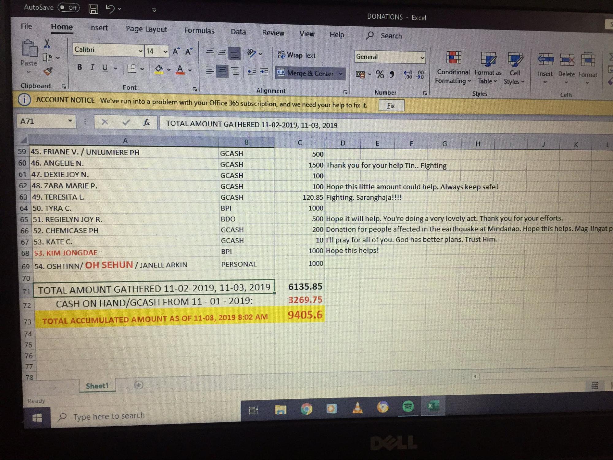 excel sheet with cotabato earthquake donations