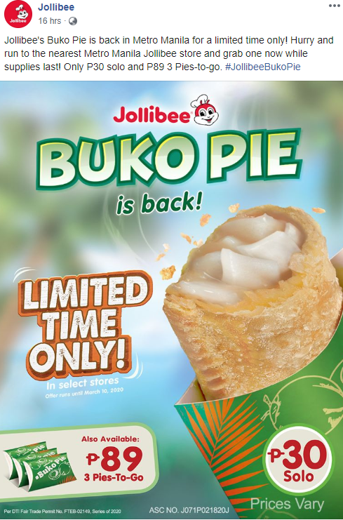 Jollibee's Facebook announcement