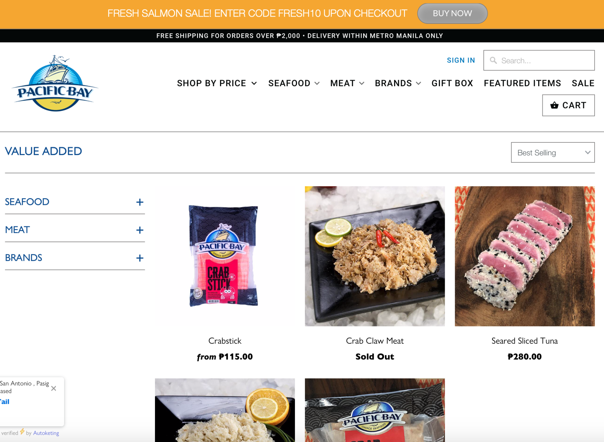screenshot of Pacific Bay Seafood's website