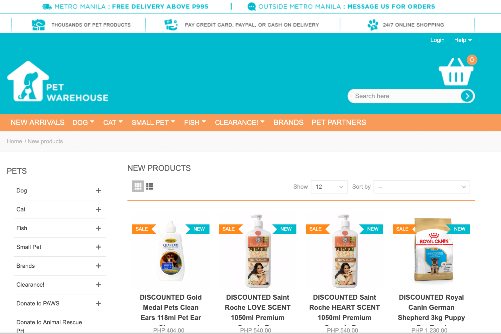 screenshot of Pet Warehouse's website