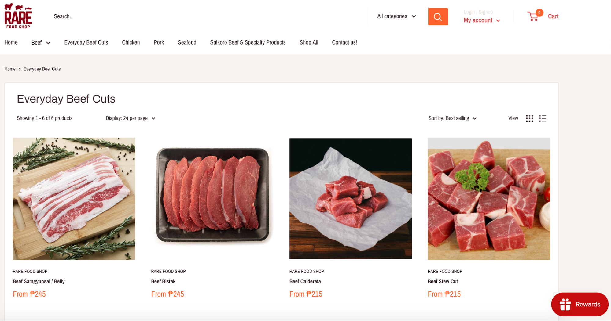 screenshot of Rare Food Shop's website