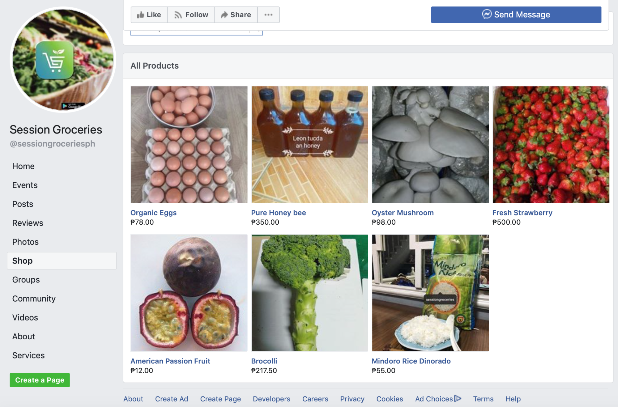 screenshot of the Shop tab on Session Groceries' Facebook page