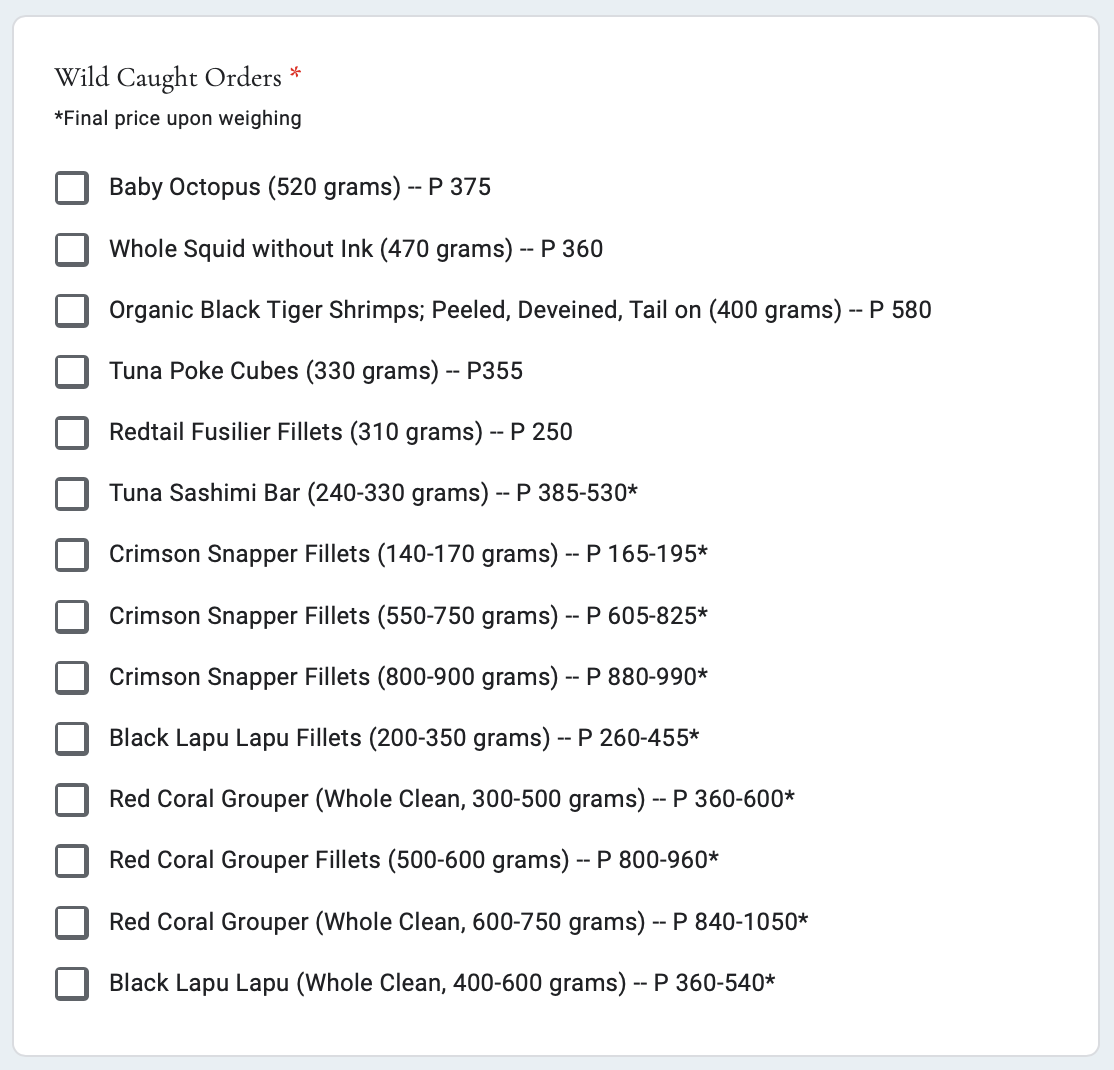 Wild Caught's Google Form of different seafoods