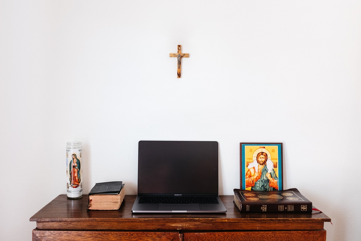 catholic altar with laptop