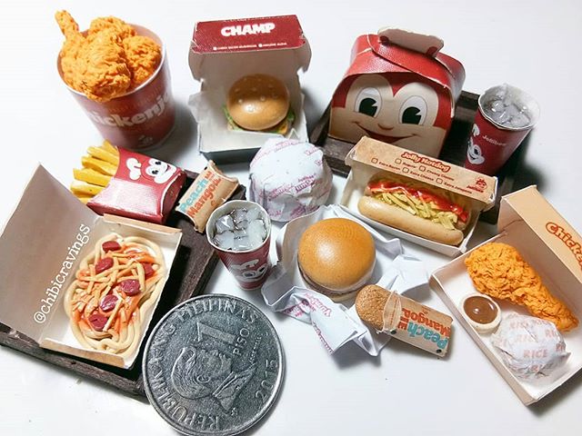 miniature Jollibee fast foods - burgers, fried chicken, hotdogs, spaghetti, pies, fries