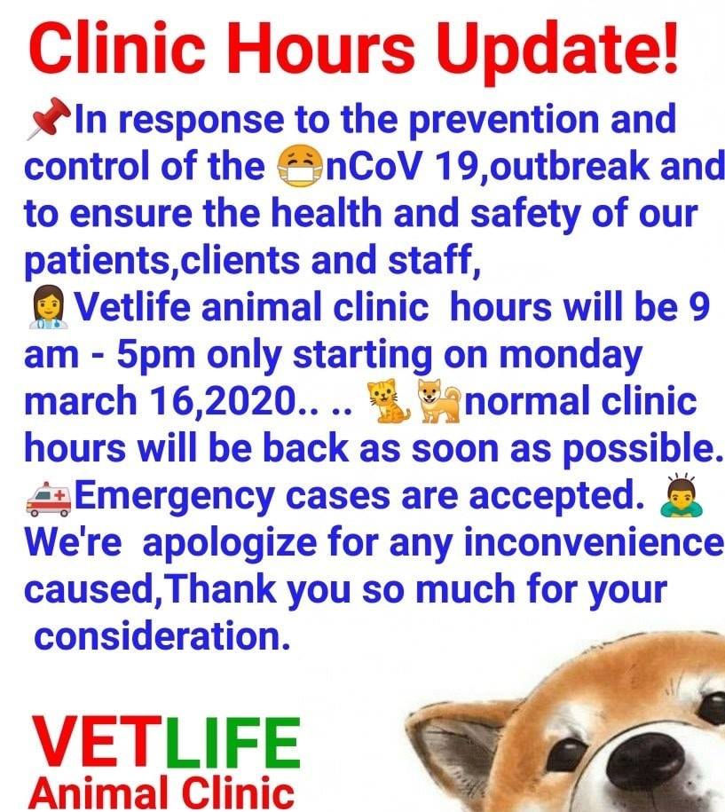 Vetlife Animal Clinic's clinic hours 