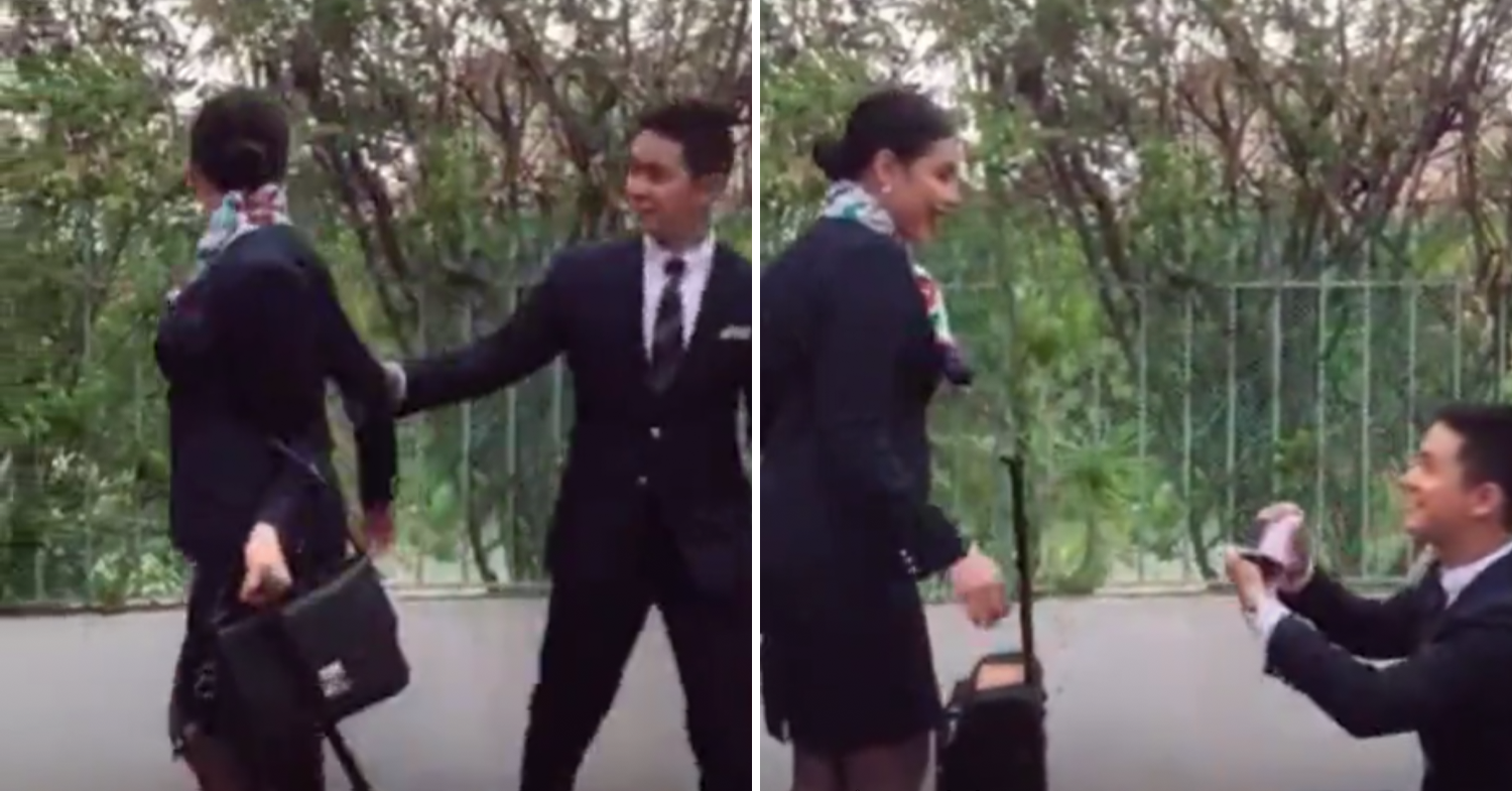 male flight attendant proposing to female flight attendant