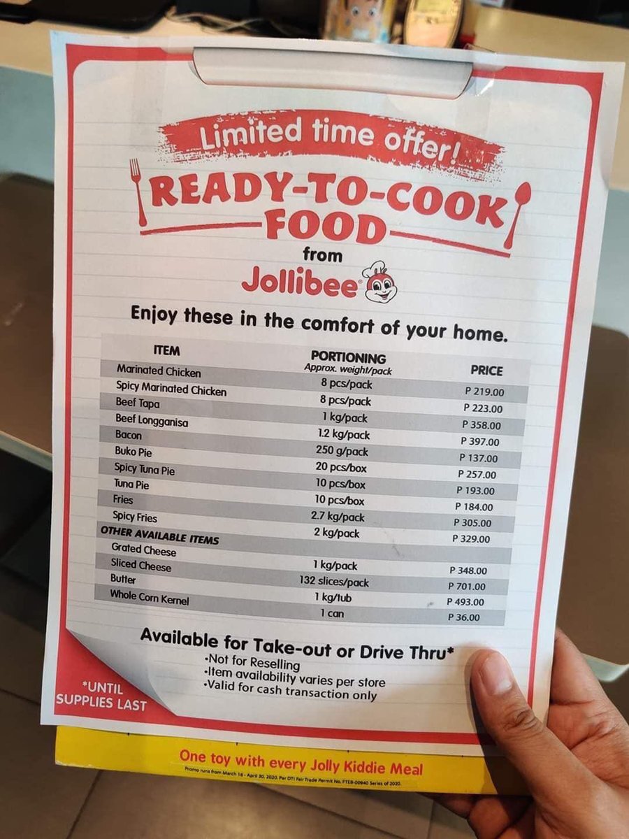 Menu of ready-to-cook food items available