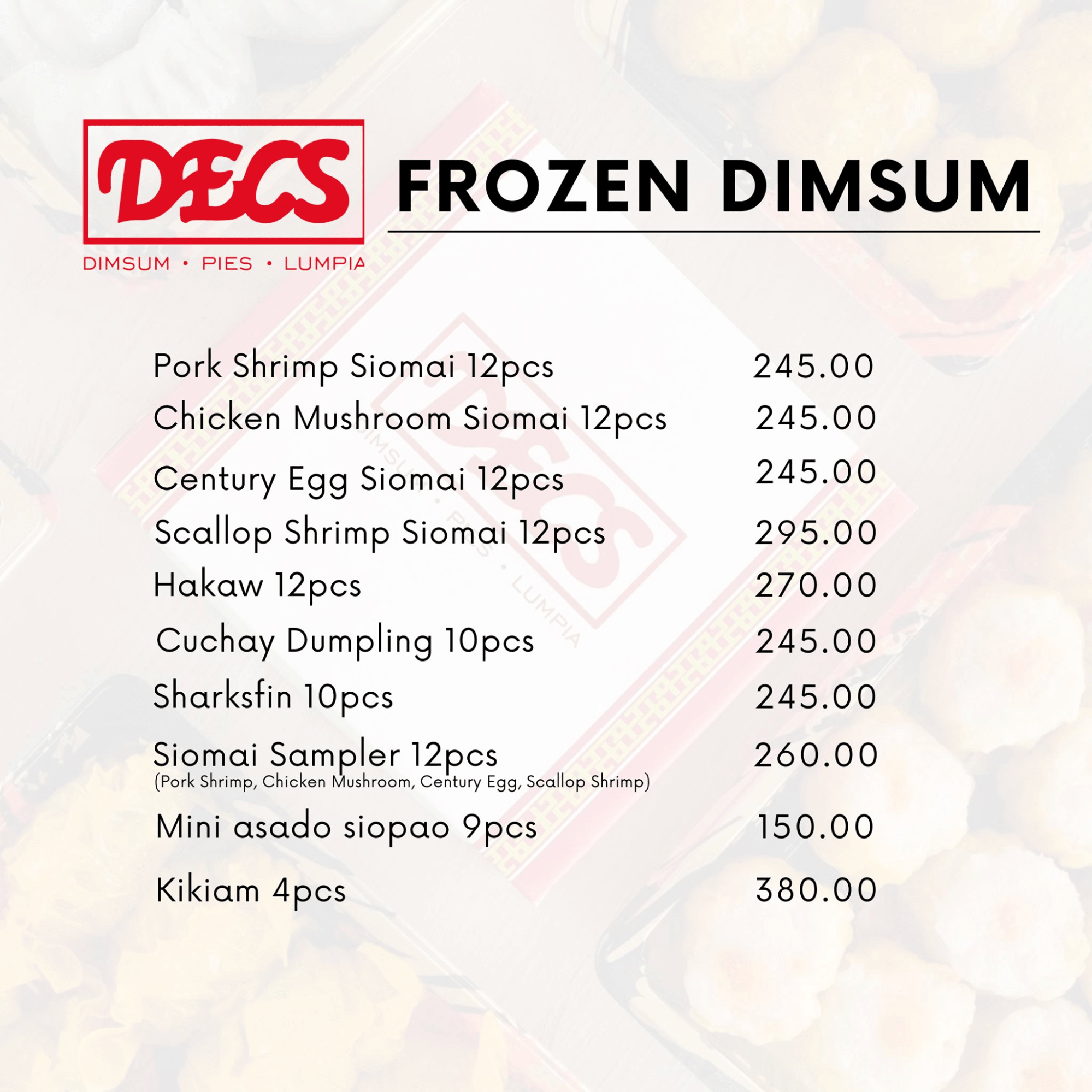 DECS' frozen dim sum menu
