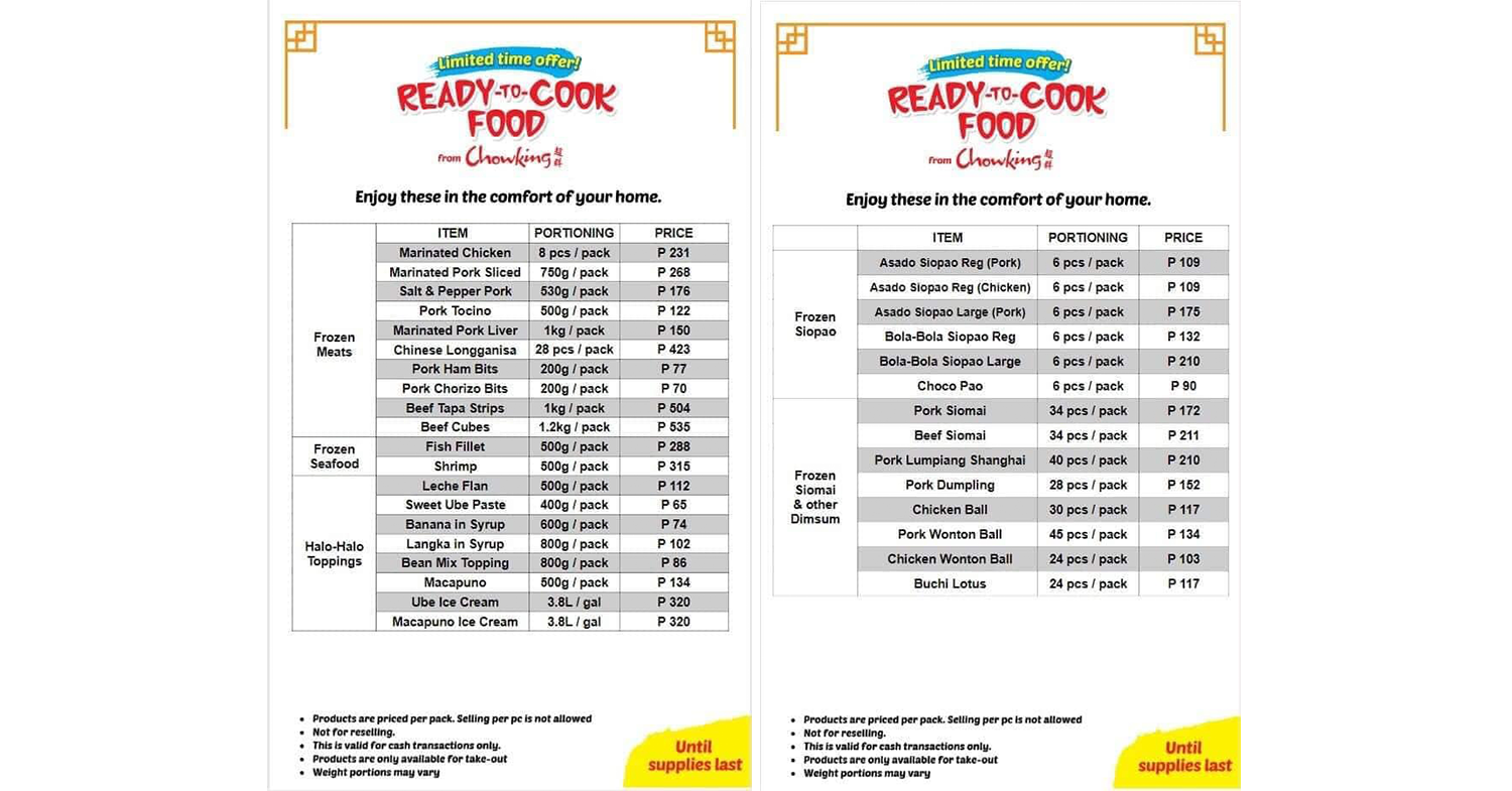 chowking ready-to-cook menu