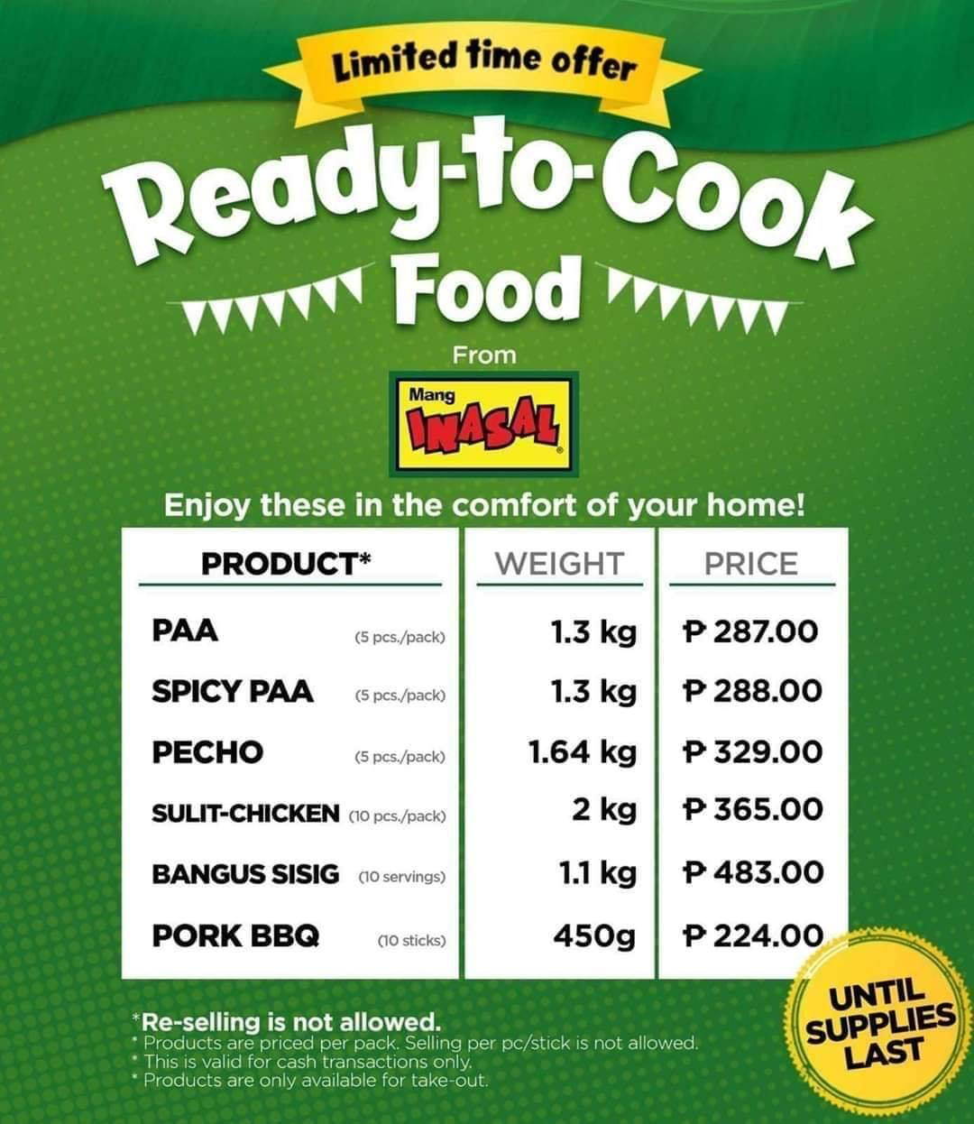 mang inasal's ready-to-cook menu