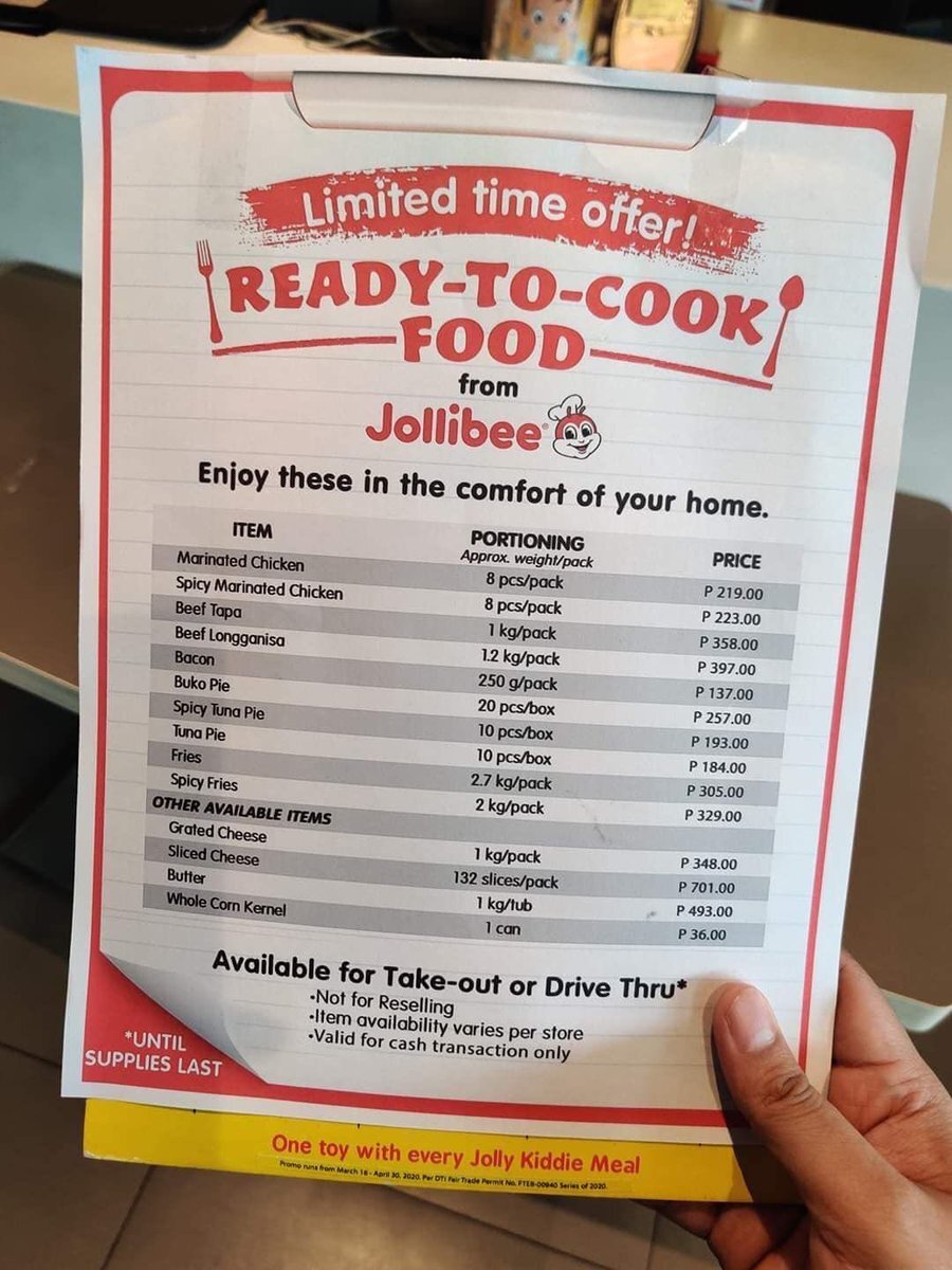 jollibee's ready-to-cook menu