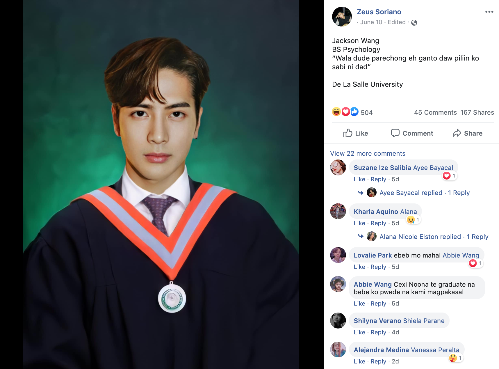 jackson wang in a university toga