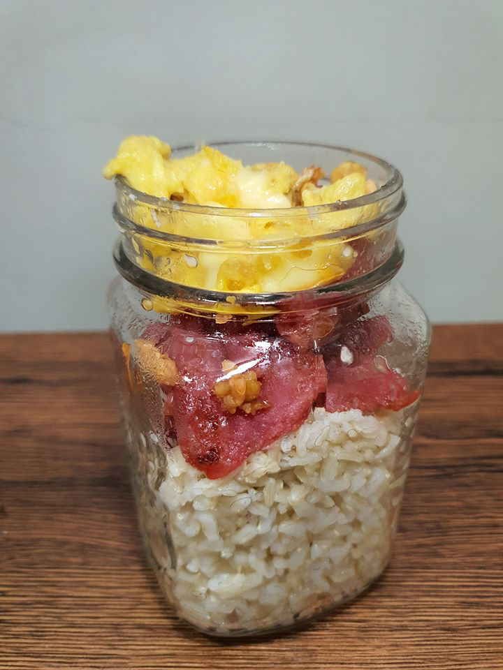tocino, egg, and fried rice in mason jar