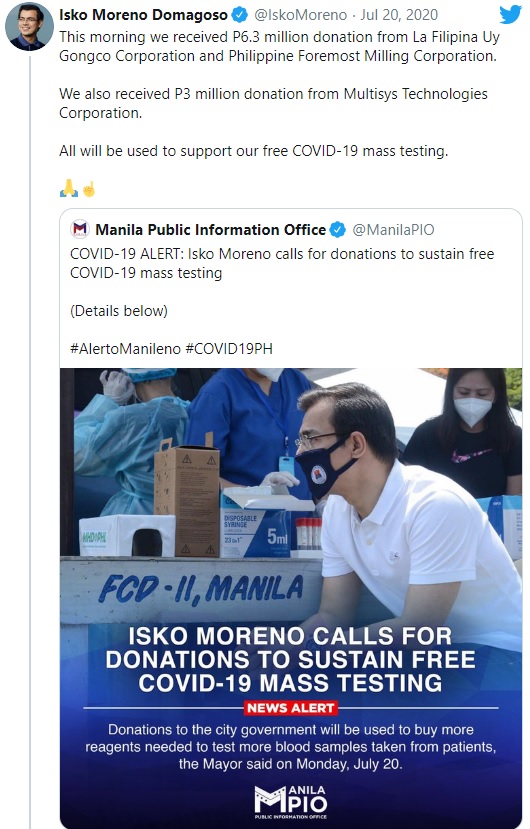 isko moreno calls for covid testing donations
