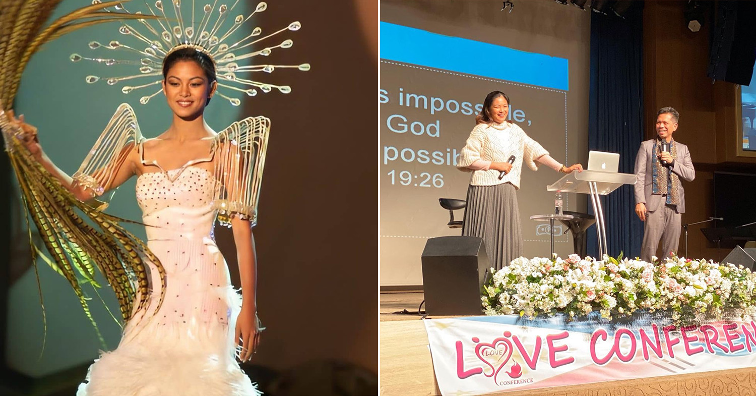 Miss Universe Philippines - Quiambao (left) at the 1999 Miss Universe and Quiambao (right), with her husband, speaking at a conference in 2020