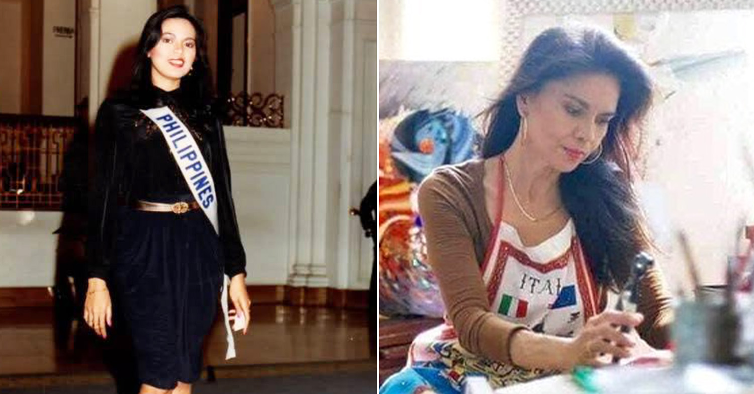 Miss Universe Philippines - Lopez at the 1982 Miss Universe pageant (left) and Lopez (right) in an art studio in 2020