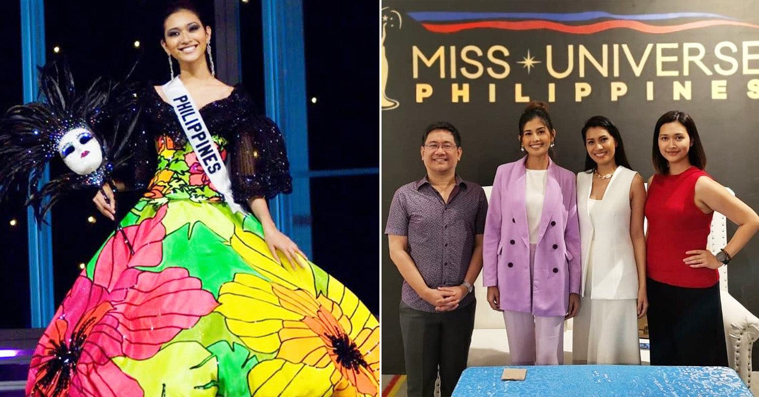 Miss Universe Philippines - Licaros (left) at the 2007 Miss Universe and Licaros in 2020 (first from right) with fellow former beauty queens