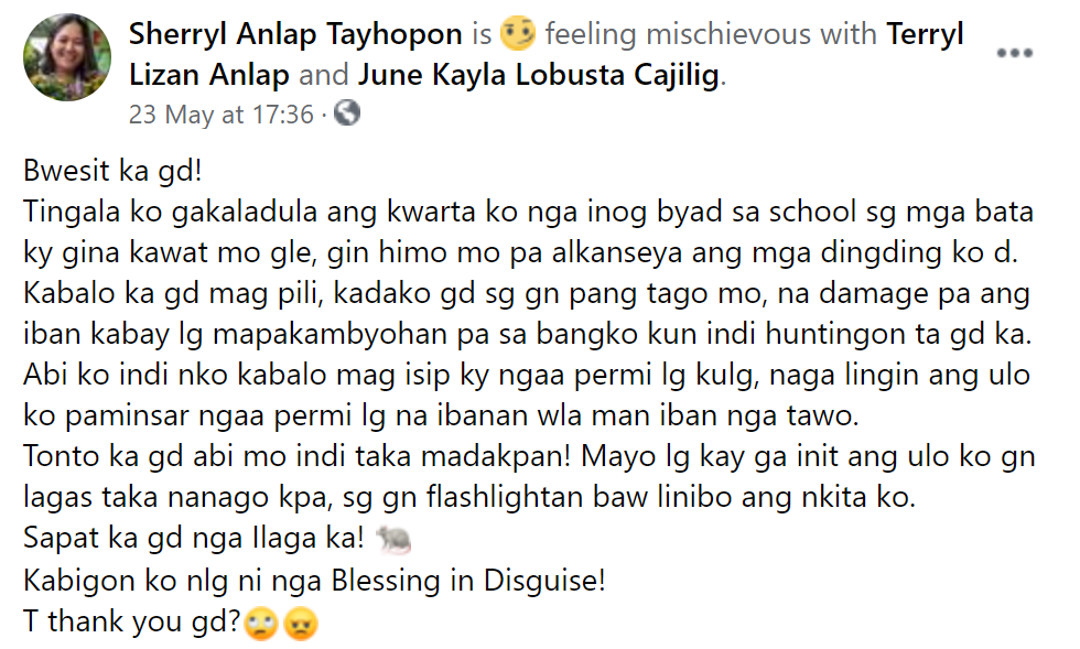 Woman Bacolod missing money - Sherryl Tayhopon Facebook post