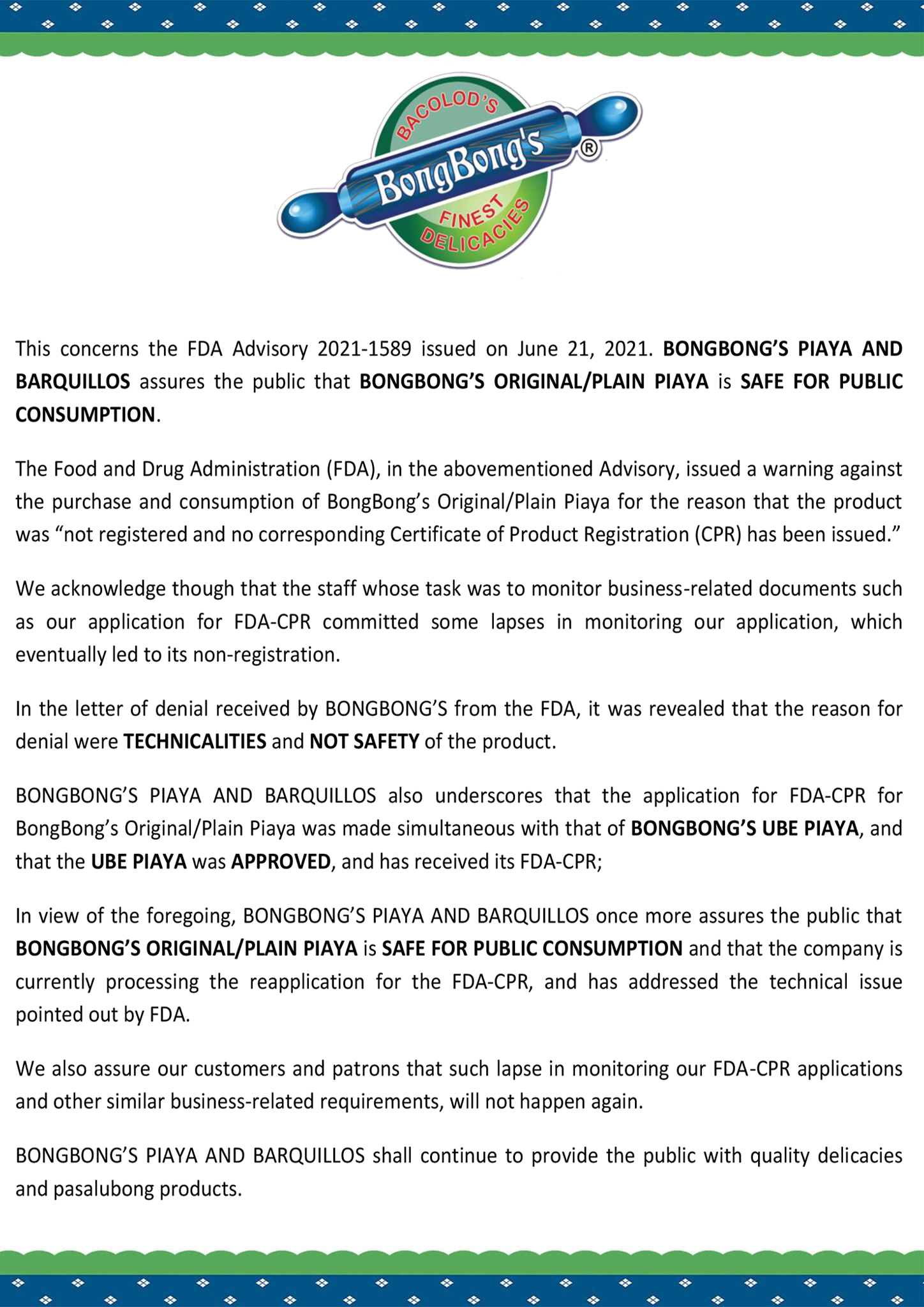 FDA - Bongbongs Piaya statement