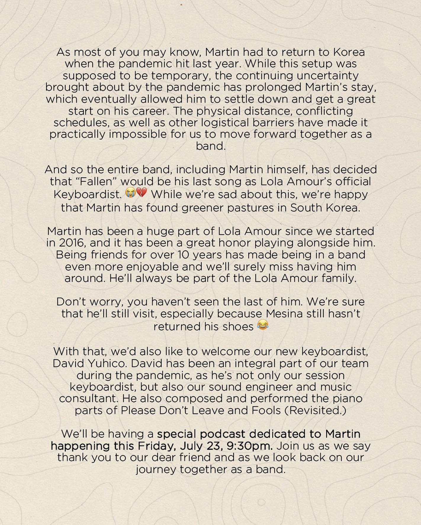 Lola Amour - statement on Martin Kim's departure