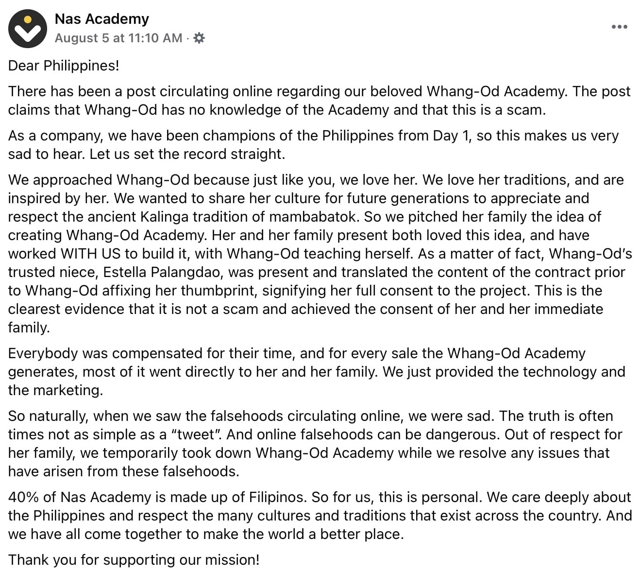 Nas Daily - Nas Academy maintains that Whang-Od signed a contract