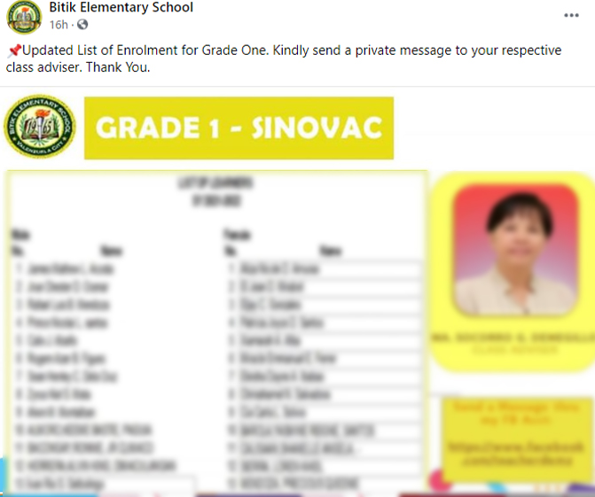 Elementary school vaccine brands - Grade 1 Sinovac