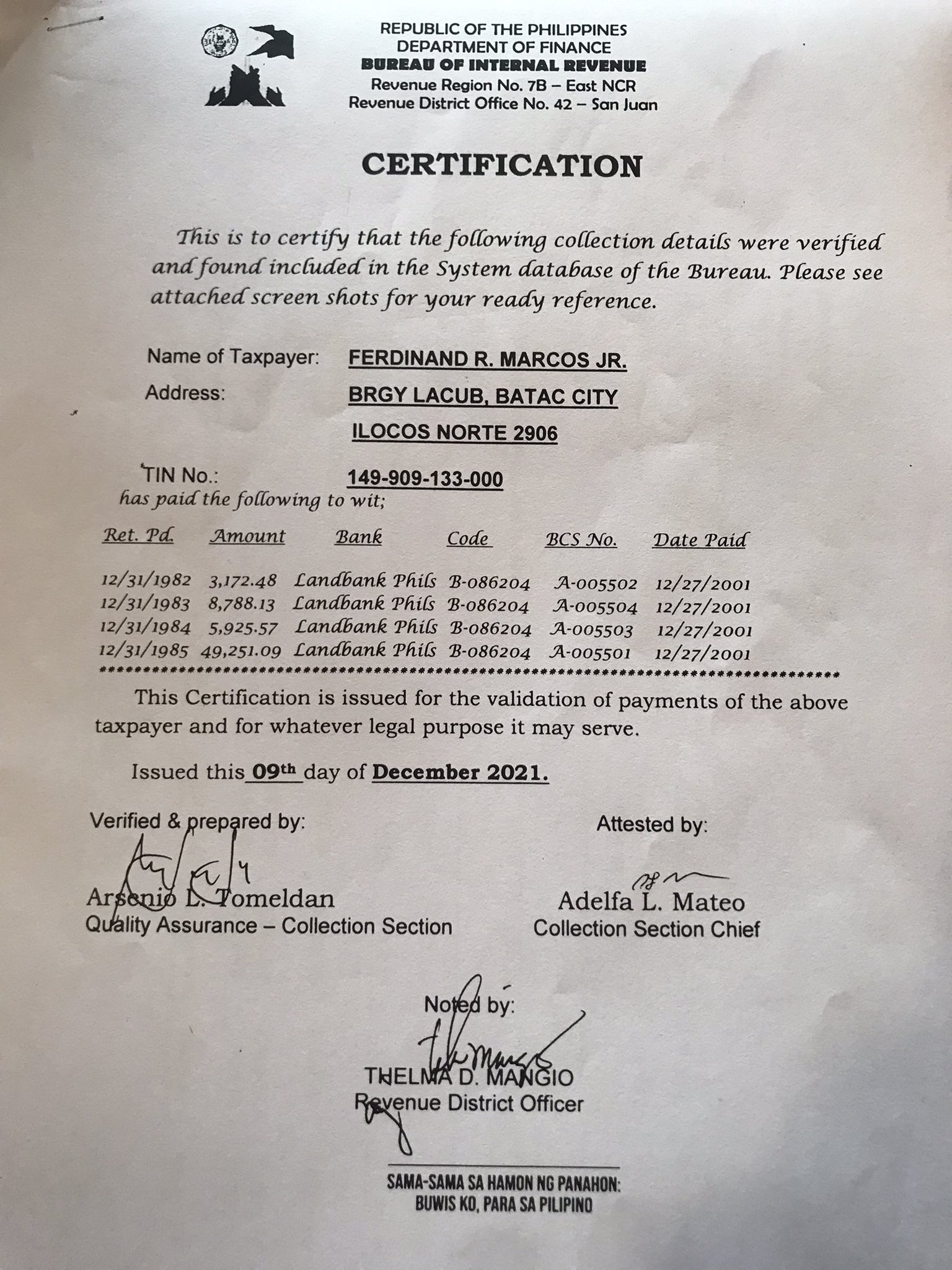 Bongbong Marcos - BIR certification