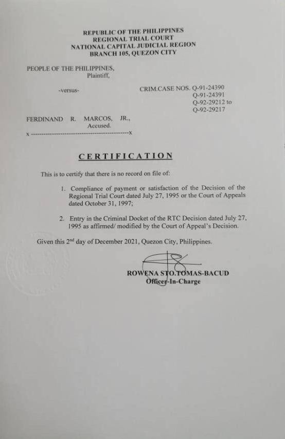 Bongbong Marcos - Quezon City RTC certification
