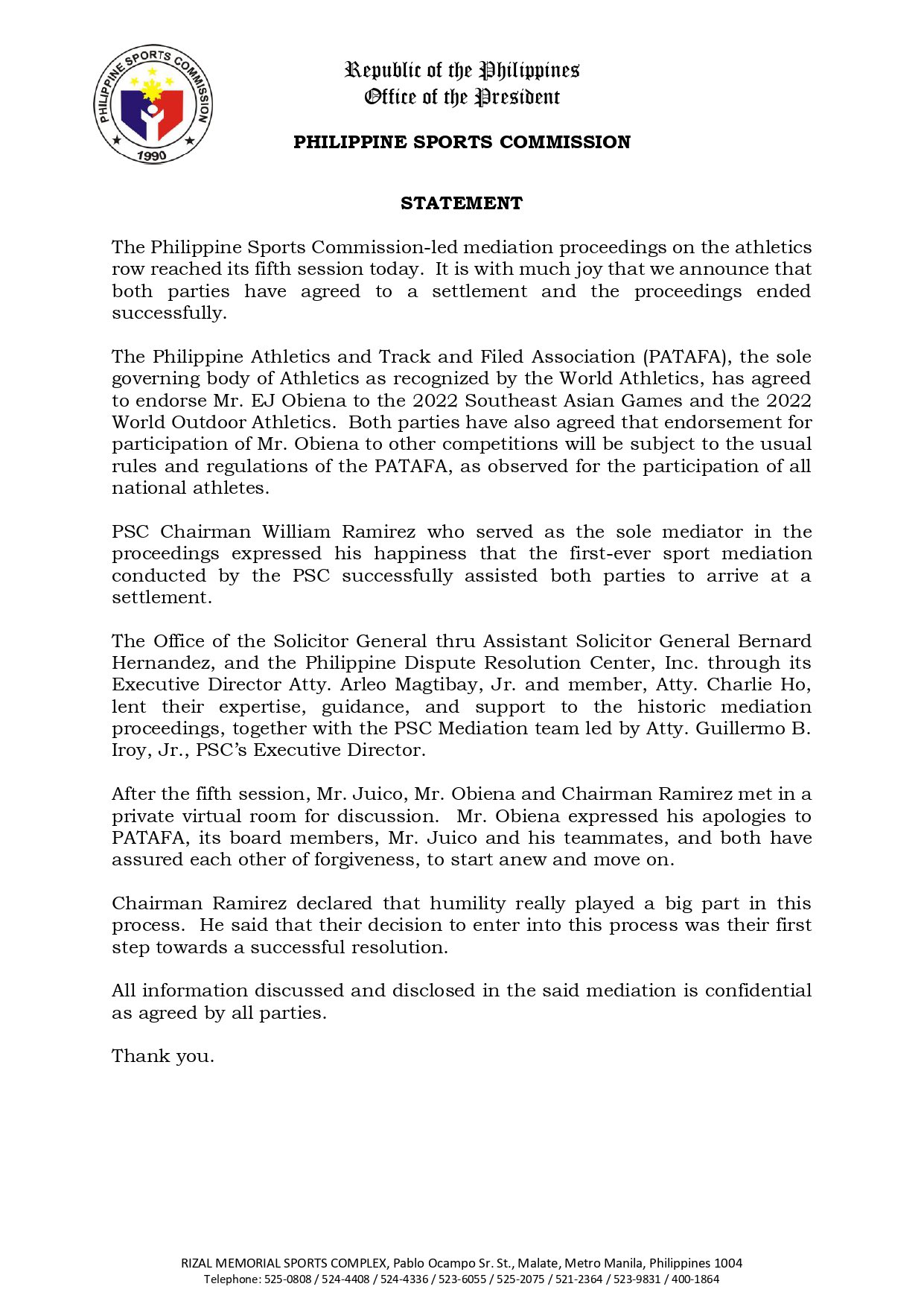 EJ Obiena SEA Games - PSC statement