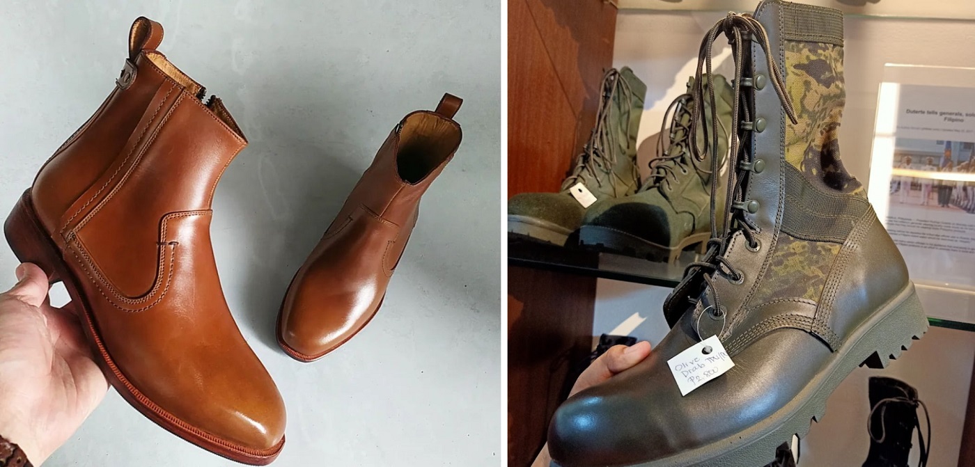 A pair of brown leather shoes from Black Wing Shoes and military-style boots from Gibson’s Shoe Factory