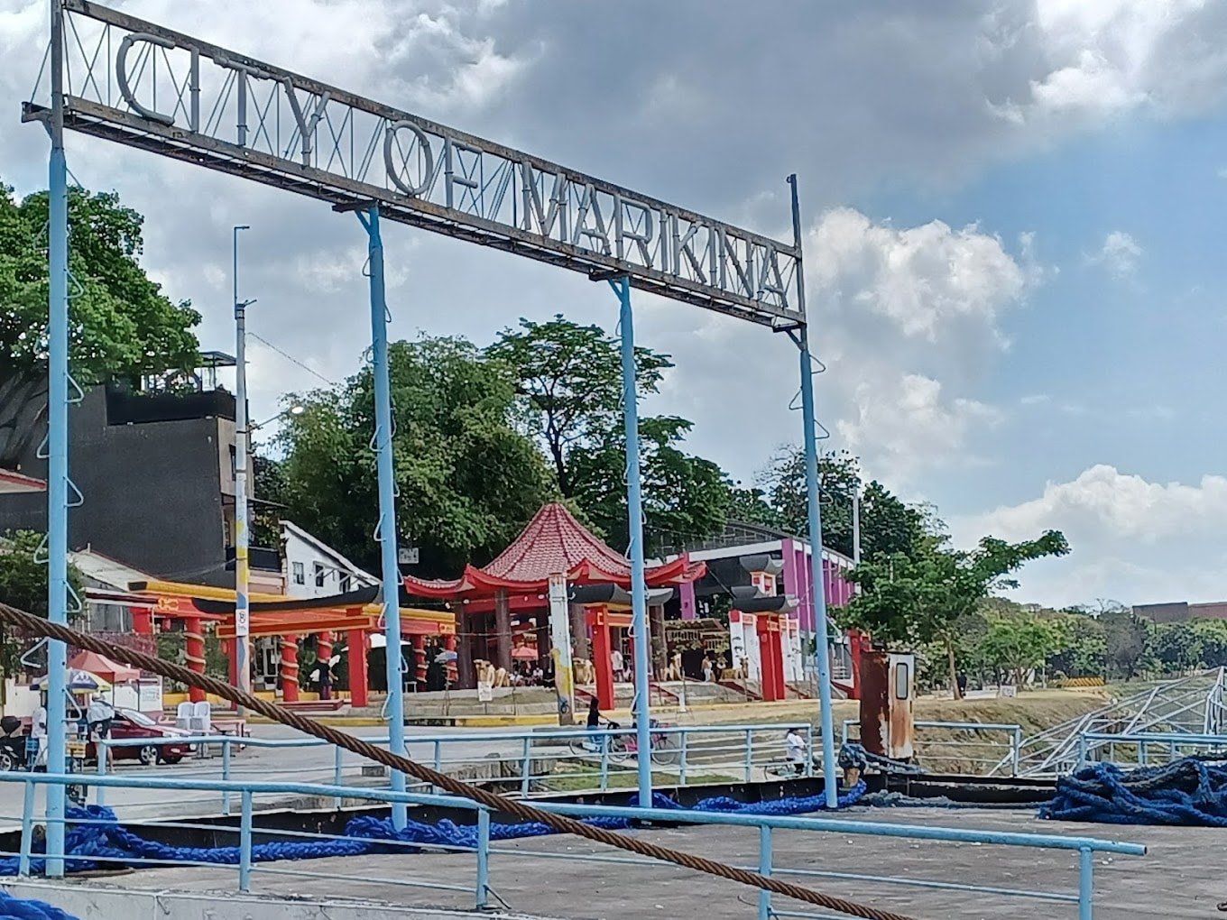 Marikina River Park's City of Marikina signboard and pagoda
